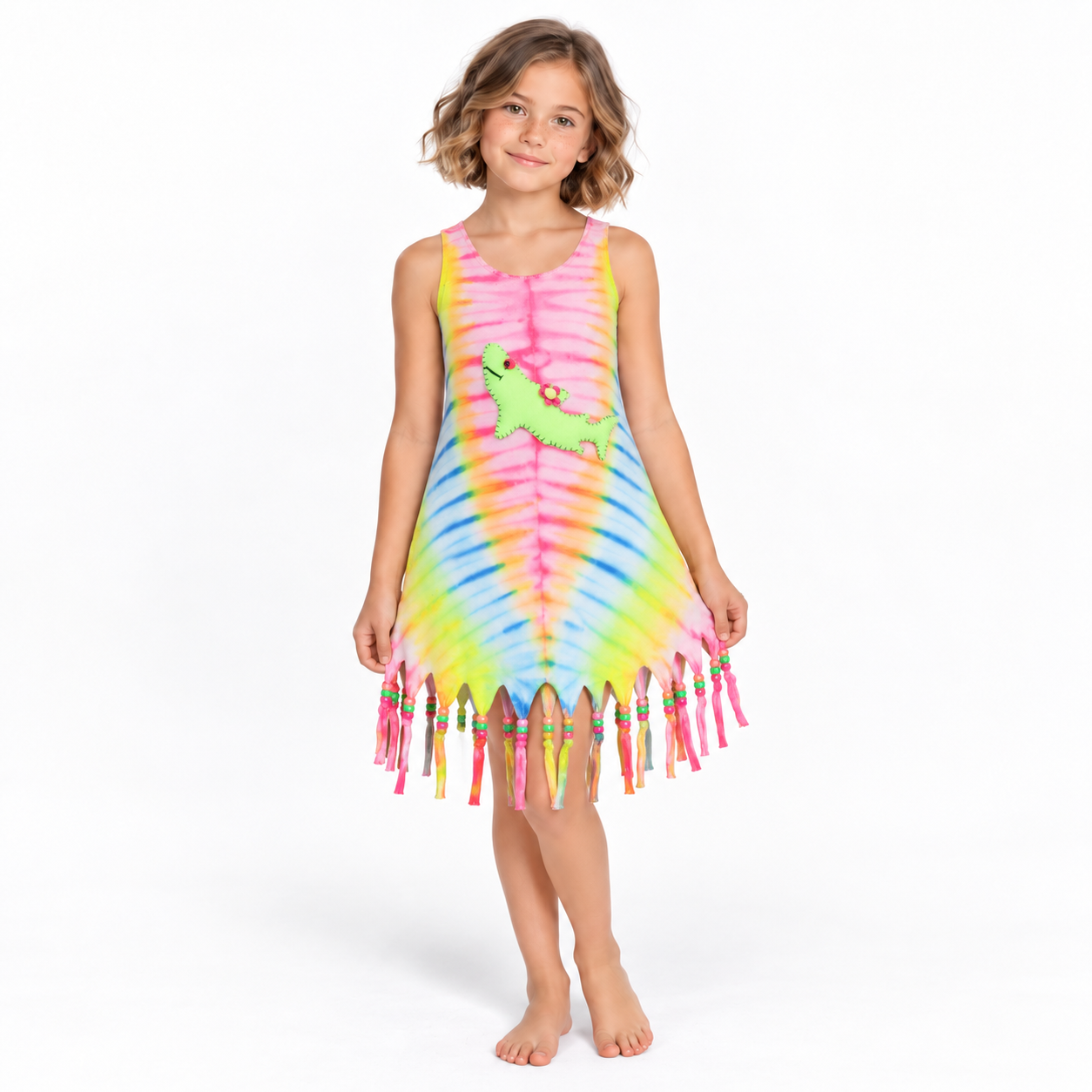 Rainbow Tie-Dye Dinosaur Fringe Dress - model front view